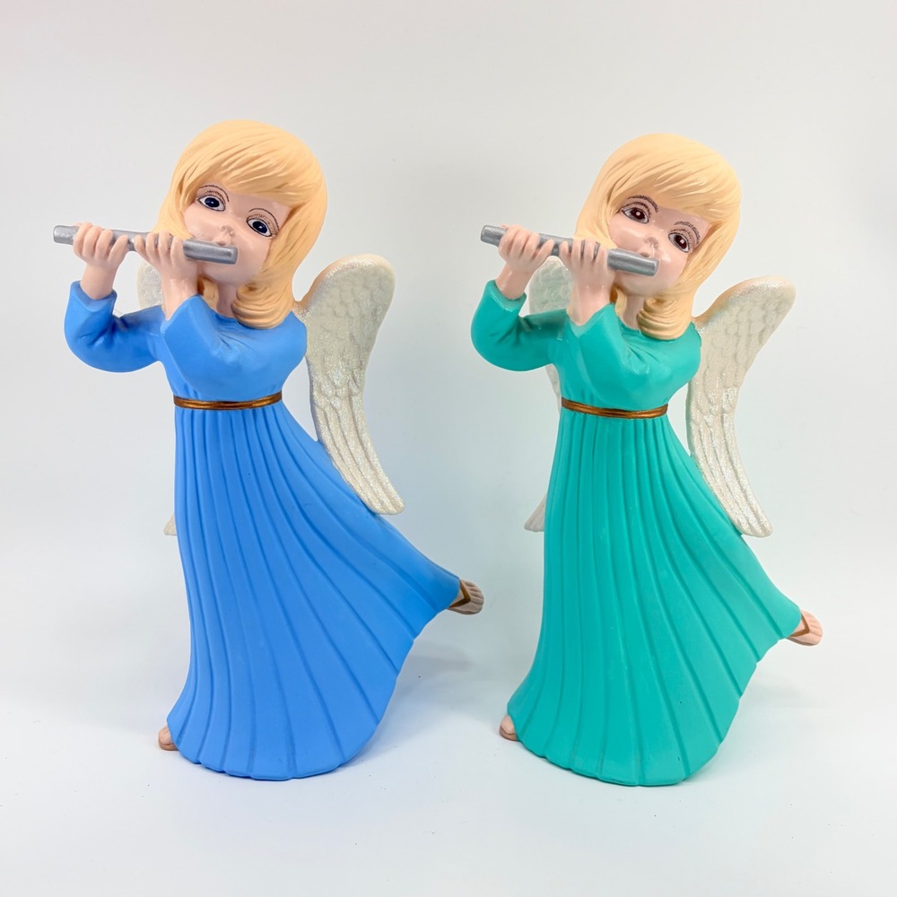 Vintage Atlantic Mold Ceramic Angel Figurines Blue Teal Flute Players Hand Paint